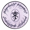 A round enamel pin featuring intricate calligraphy or script on a white background.