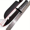 A black multi-function fixed blade tactical knife shown with a ruler for scale and angle measurement.