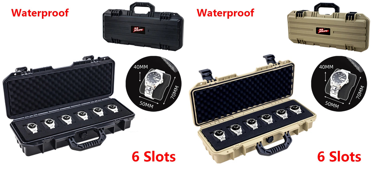 A waterproof plastic watch storage case with six slots shown in various configurations.