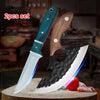 A 2-piece set of heavy-duty utility cleaver knives with wooden handles displayed on a wooden cutting board.