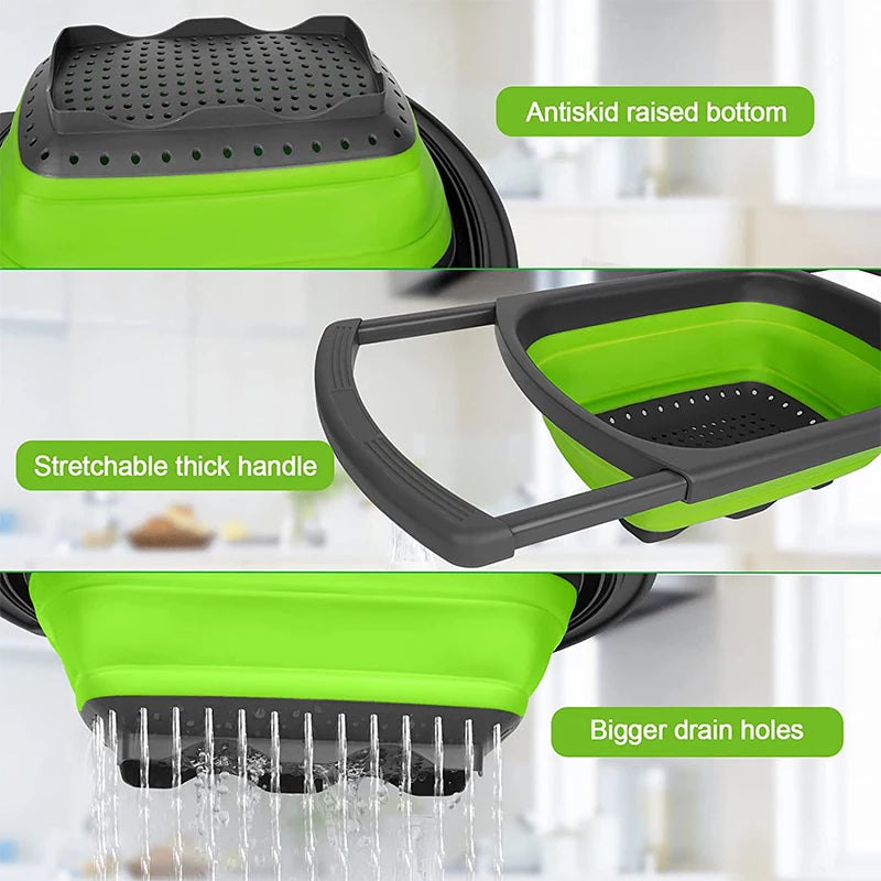 Colador plegable verde brillante con fondo anti-resbalante negro y asas elásticas, en uso.