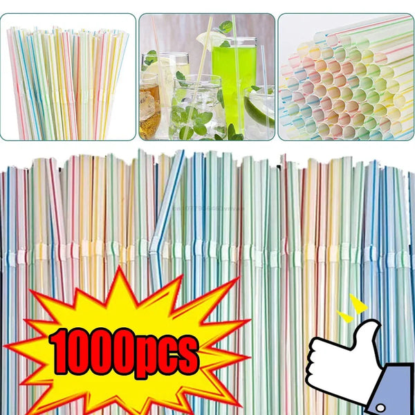 Eine Sammlung farbiger Einweg-Plastikstrohhalme in verschiedenen Anordnungen und Nahaufnahmen.
