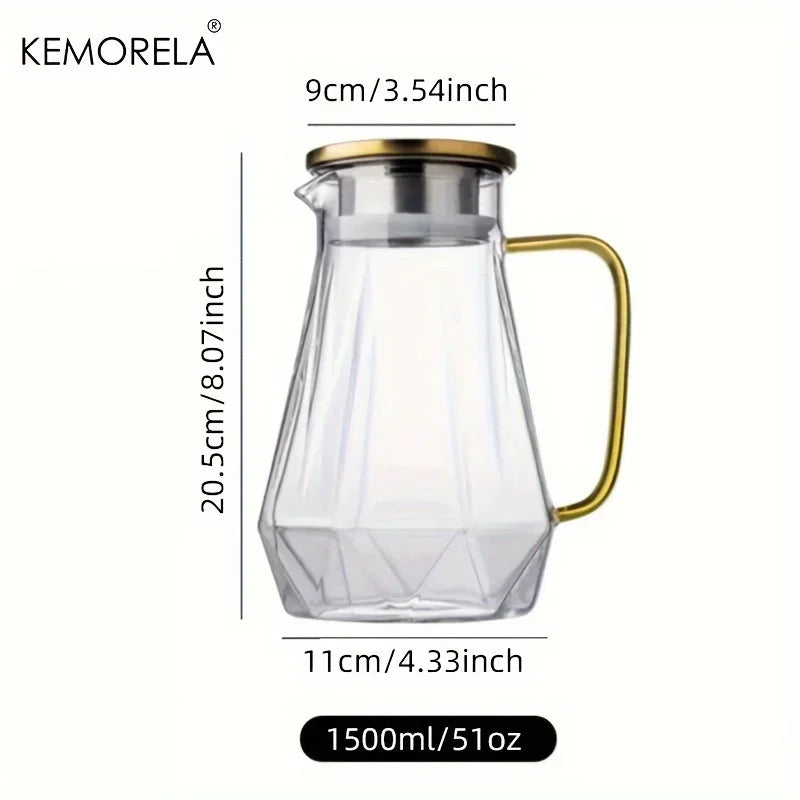 A clear glass pitcher with a gold-colored handle and diamond texture, measuring 9cm/3.54inch and holding 1500ml/51oz.