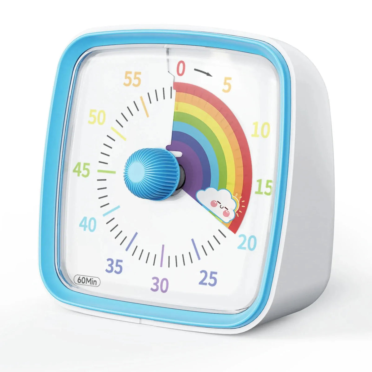 A white visual countdown timer with a rainbow-colored dial and a blue light feature.