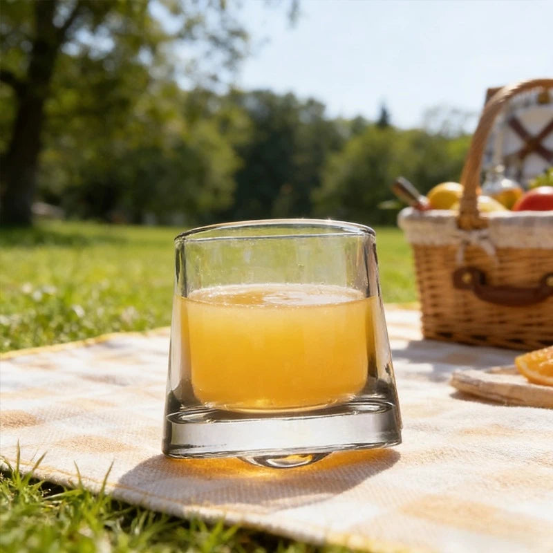 A glass of amber liquid sits on a woven mat outdoors with greenery in the background.