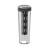A clear manual cold brew coffee maker with a dark gray lid and filter basket.