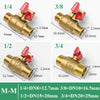 Diagram showing various sizes of M-M brass ball valves, including 1/4, 3/8, 1/2, and 3/4, with corresponding thread dimension