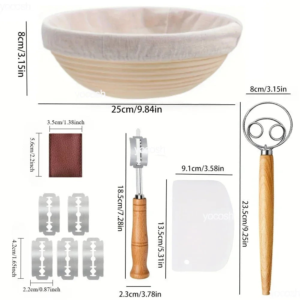 A professional sourdough bread starter kit showing a ceramic bowl, a metal tool, and a wooden scoop.