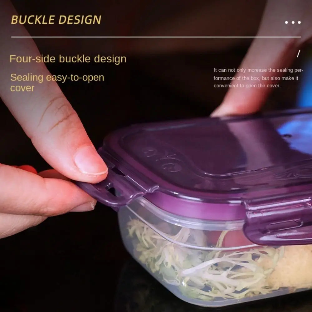 A hand is opening a purple airtight storage box with a four-side buckle design to reveal contents.