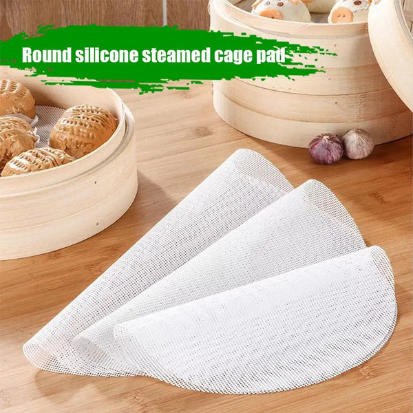 Runde Silikon-Steam-Käfig-Pads in Holzkontainer und weiße Netzpads