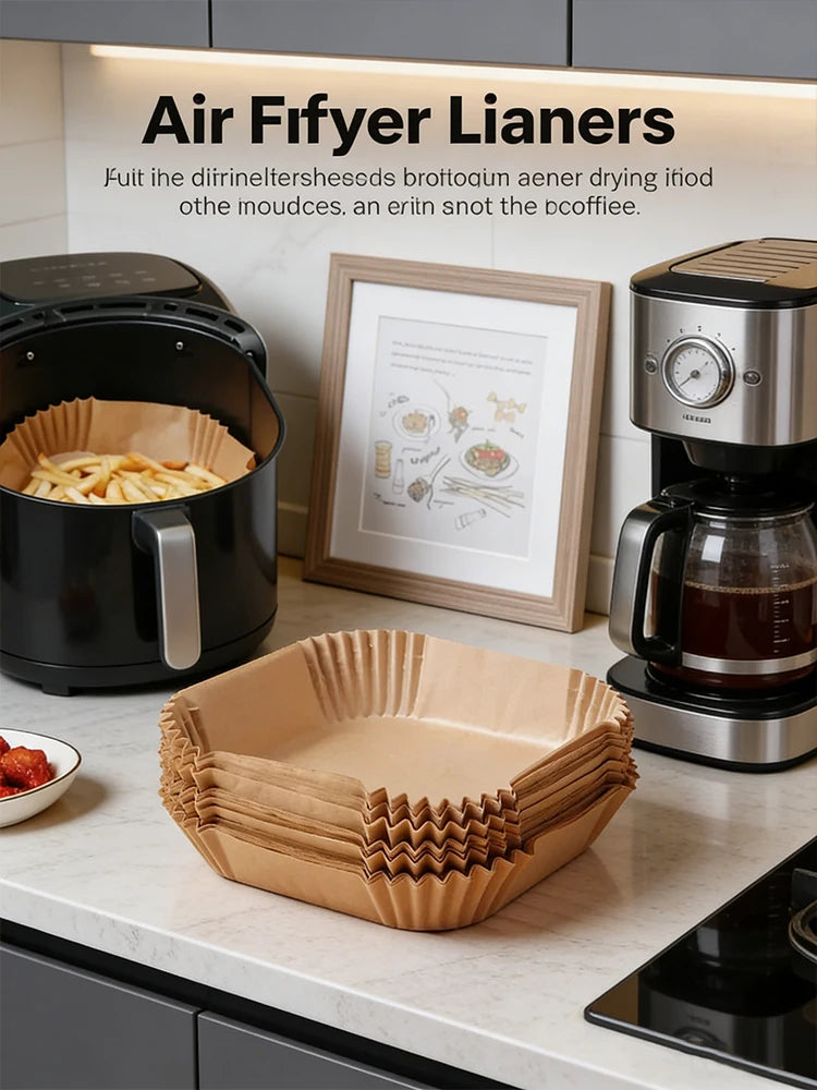 Disposable non-stick baking mats for air fryers shown next to an air fryer and coffee maker.