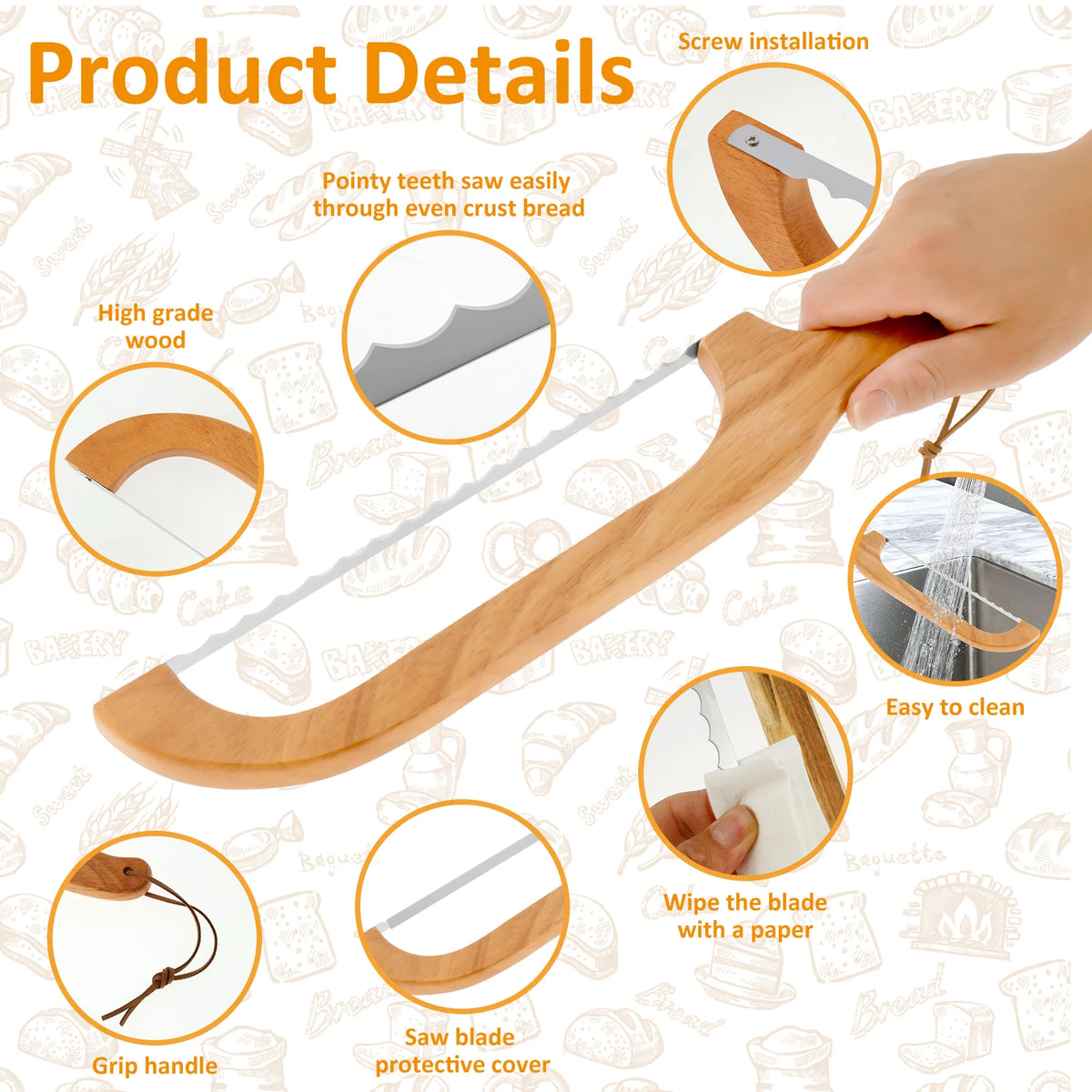 Holz-Brot-Bow-Messer mit Details zur Konstruktion und Verwendung