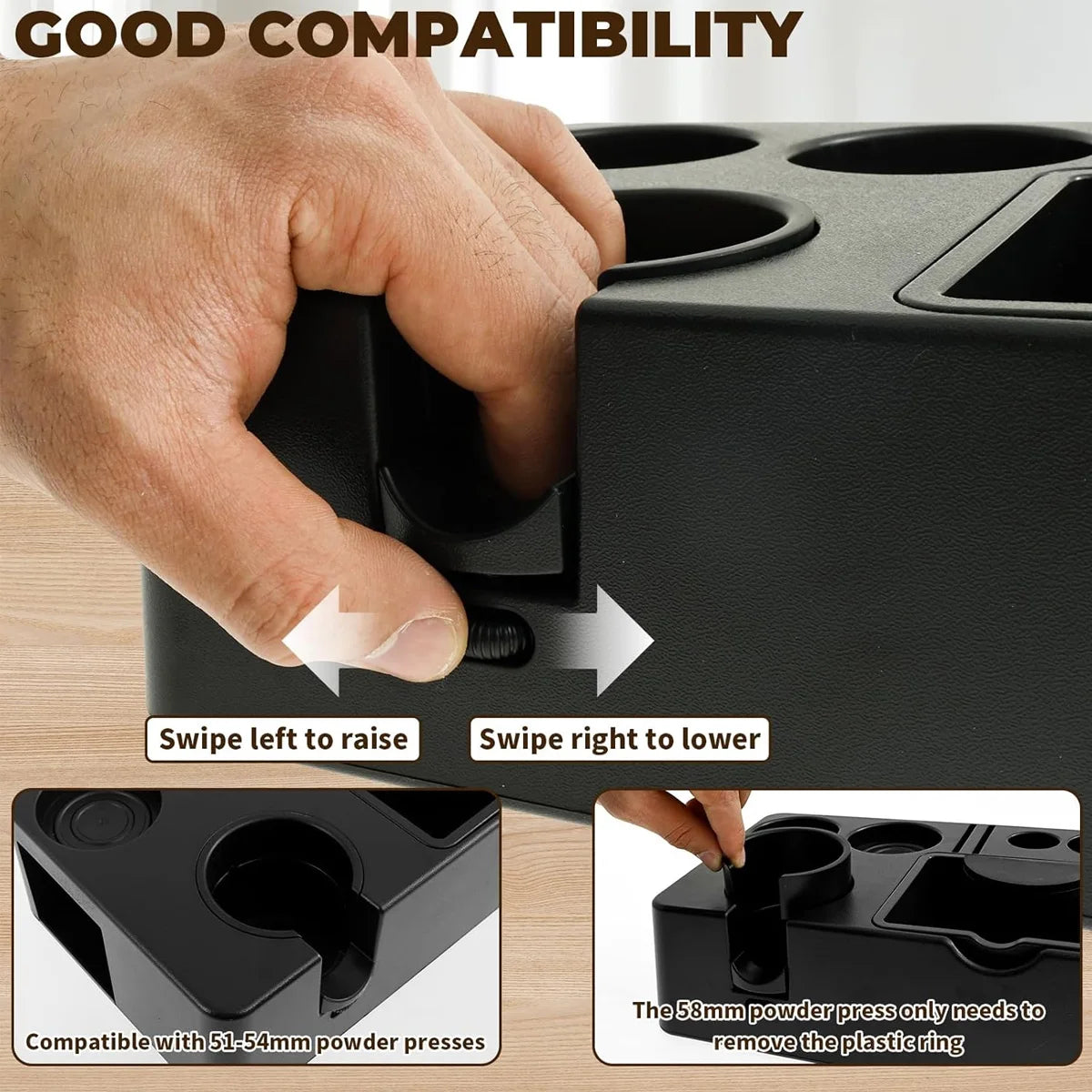 A hand demonstrates how to use a tamping station organizer for 51-54mm powder presses.