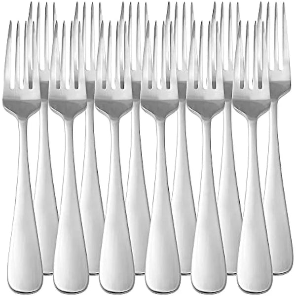 A row of heavy duty stainless steel dinner forks standing upright.