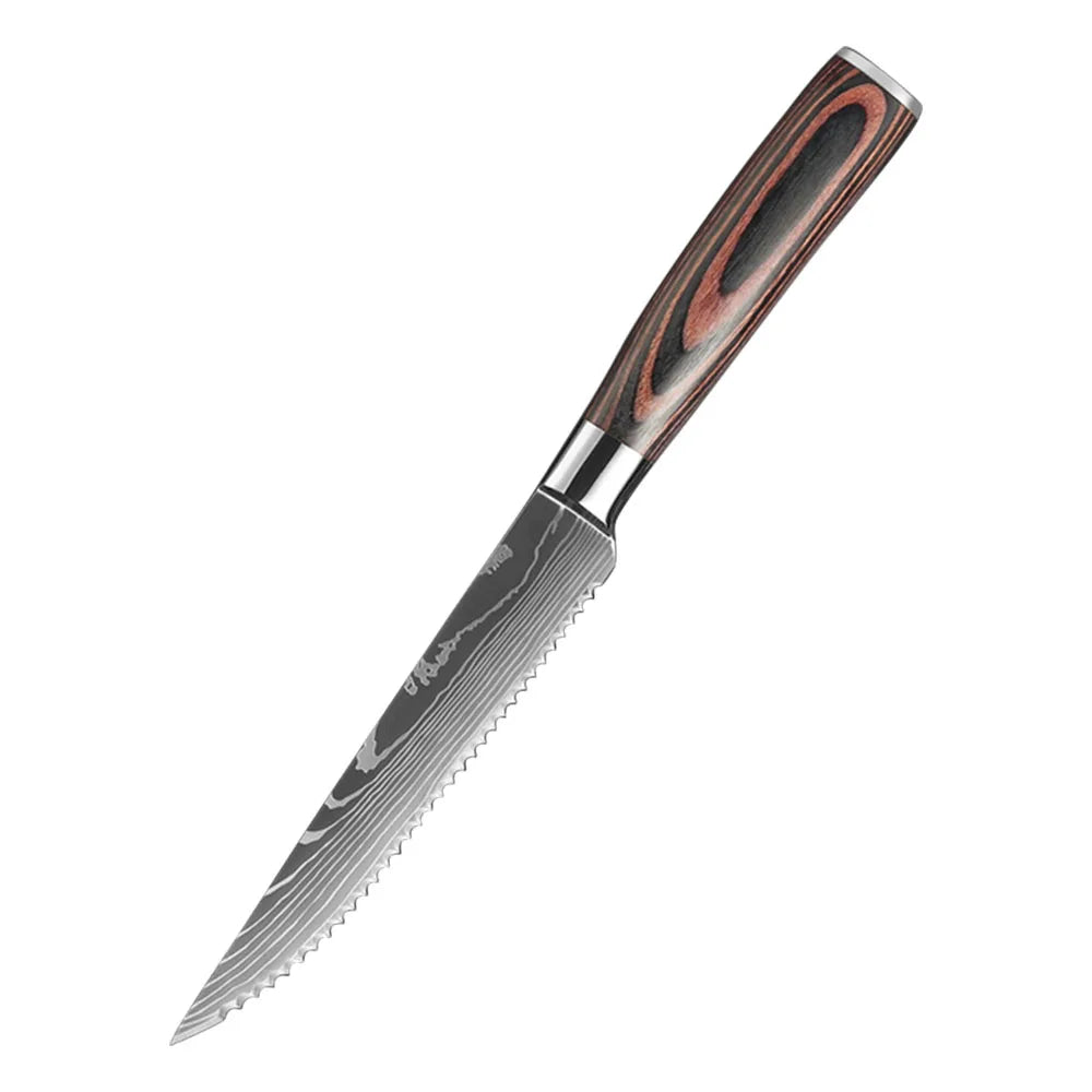 A close-up view of a professional Damascus chef knife with a wooden handle and silver blade.