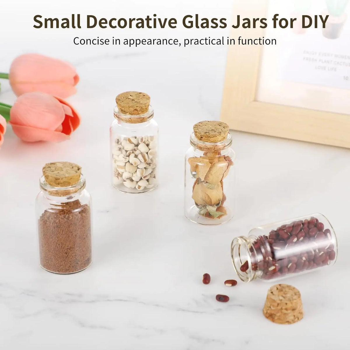 Kleine dekorative Glasgefäße zum DIY mit getrockneten Zutaten wie Samen und Pflanzenmaterialien