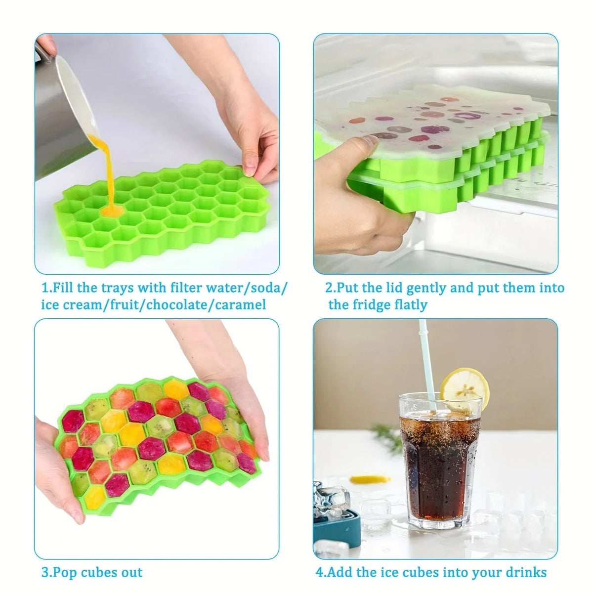 Proceso para llenar moldes de cubitos de hielo de silicona con ingredientes y añadirlos a las bebidas