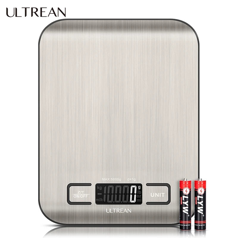 A silver digital kitchen scale labeled ULTREAN with a display showing 10.000 grams.
