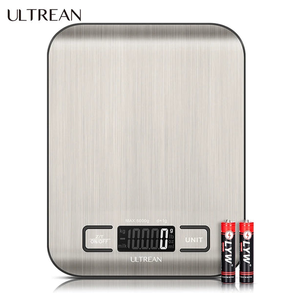 A silver digital kitchen scale labeled ULTREAN with a display showing 10.000 grams.