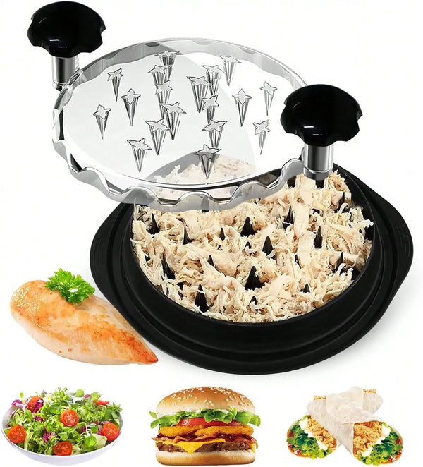 A silver ergonomic manual chicken shredder is shown with shredded chicken, a hamburger, and tortilla chips.