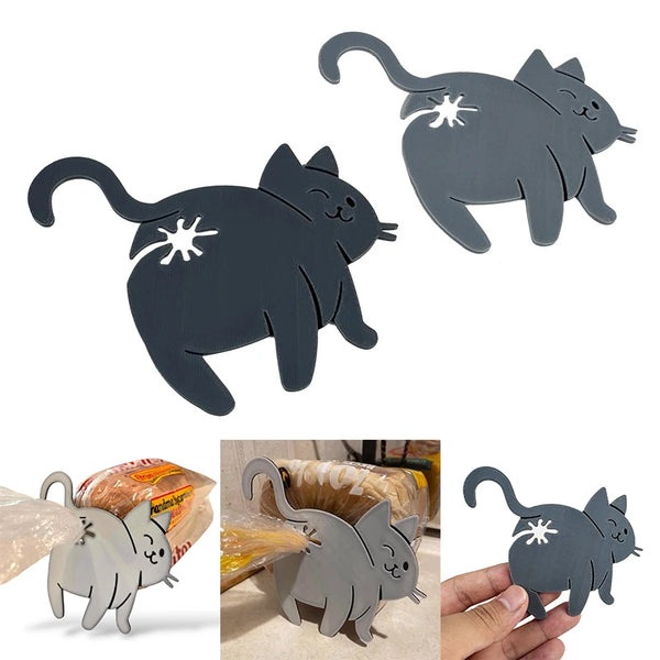 Graue Katzenförmige Clips, verwendet um Brottüten in der Küche zu sichern