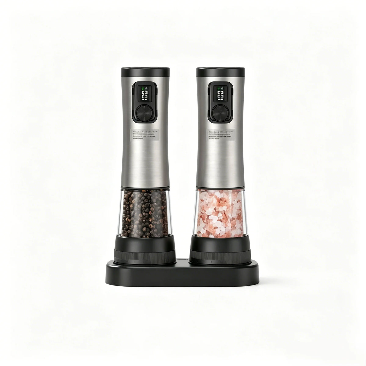 A silver automatic rechargeable salt and pepper grinder with visible peppercorns and coarse salt inside.