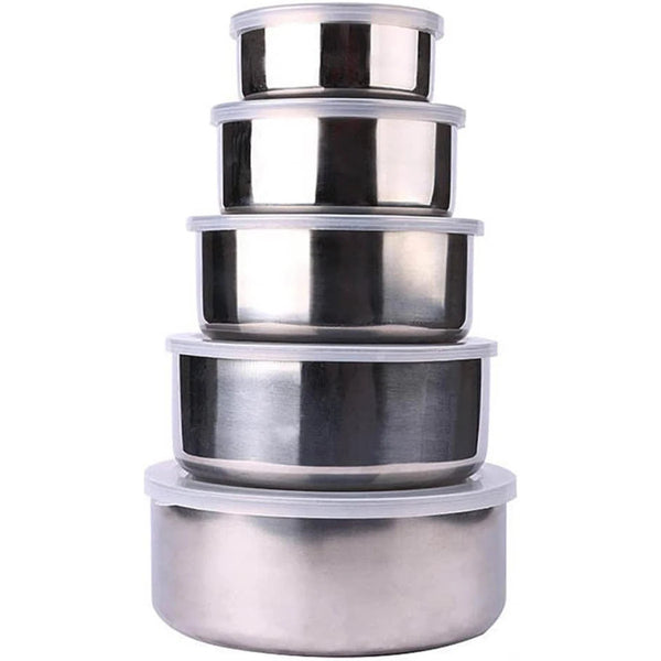 A stack of five stainless steel mixing bowls with clear airtight lids.