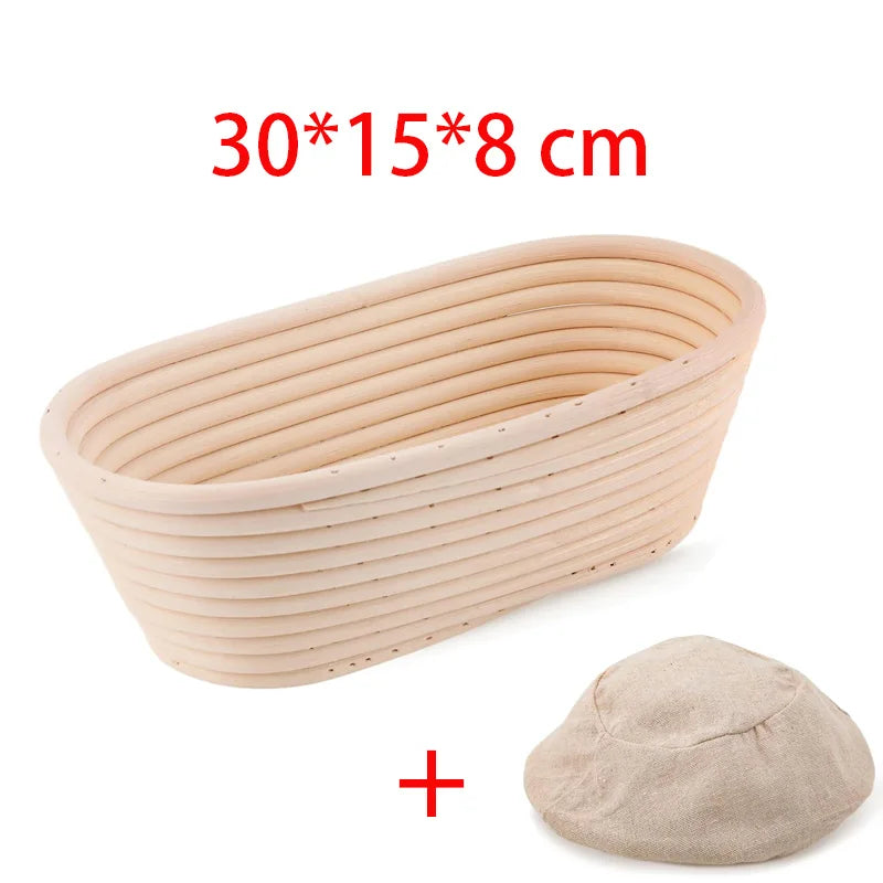 A light beige natural rattan bread proofing basket with a lid and a matching round cover.