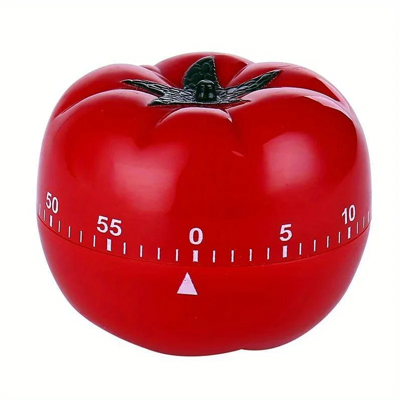 A red mechanical kitchen cooking timer with a scale marked from 0 to 10.