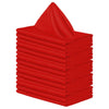 A stack of ten red satin dinner napkins.
