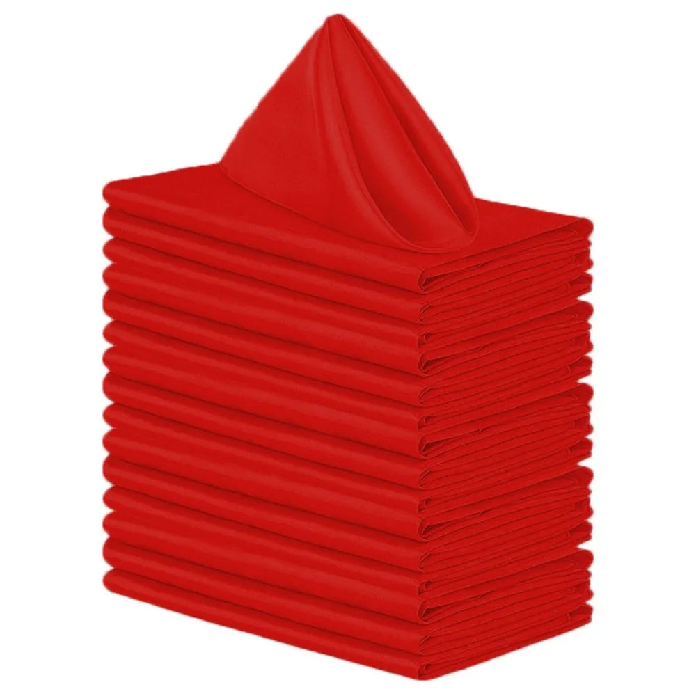 A stack of ten red satin dinner napkins.