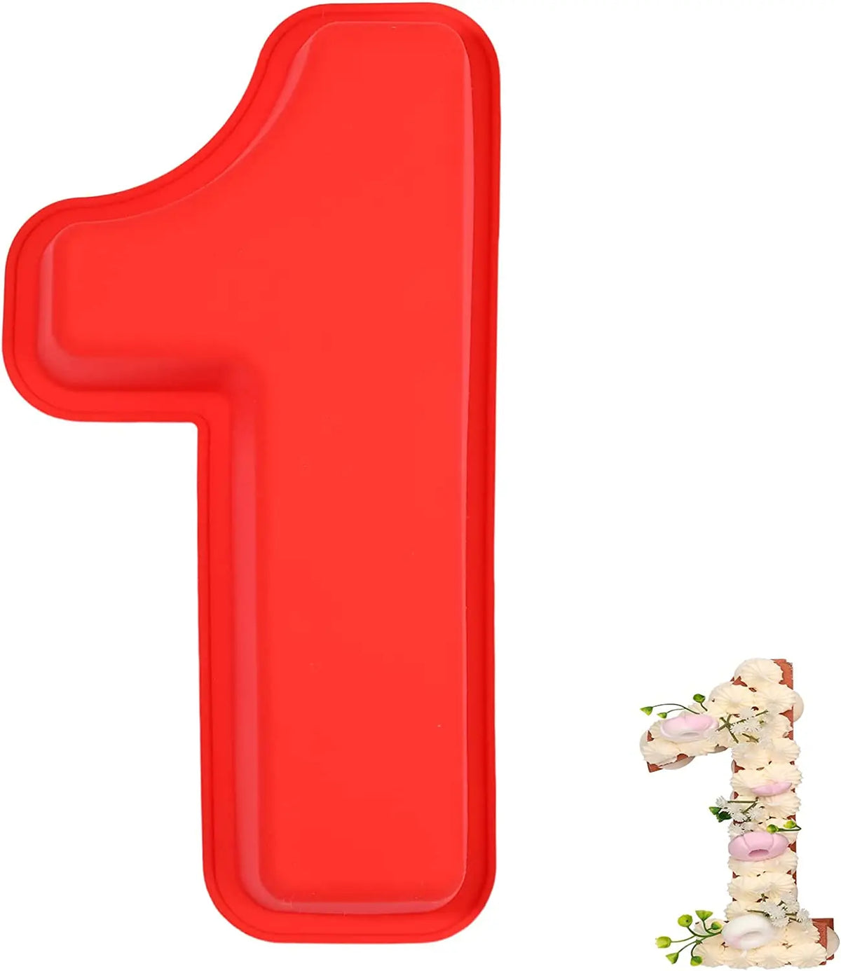 A bright red 3D large number cake mold shaped like the numeral one.