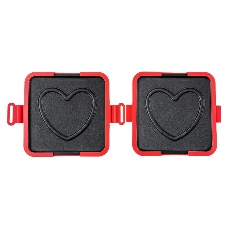 A pair of red silicone sandwich maker molds with heart-shaped cavities for food grade silicone use