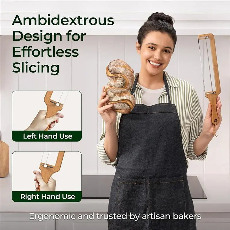 A woman demonstrates the ambidextrous design of an adjustable stainless steel bread slicer for effortless slicing.
