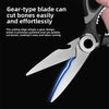A close-up of a professional stainless steel kitchen cutting scissor blade demonstrating its sharp edge.