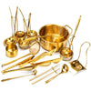 A set of golden stainless steel hot pot colanders and serving utensils.