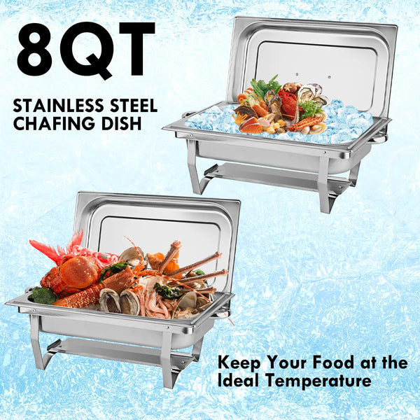 Stainless steel chafing dish buffet set with food and ice for keeping food at the ideal temperature