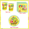A set of SpongeBob theme disposable party items including cups, napkins, and a plate featuring SpongeBob and Patrick.
