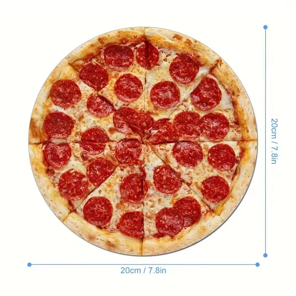 A round pizza cut into slices rests on a mouse pad with a non-slip rubber base.