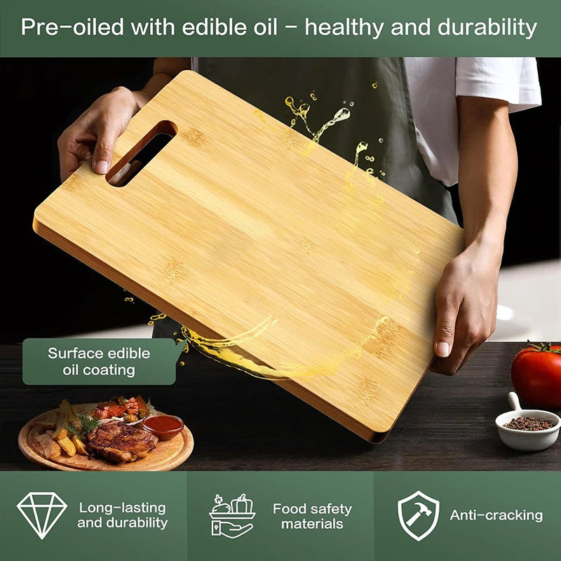 A person is holding a pre-oiled bamboo cutting board with edible oil coating on a dark surface.