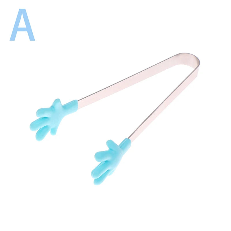 A pair of light blue silicone palm food tongs with pink handles.