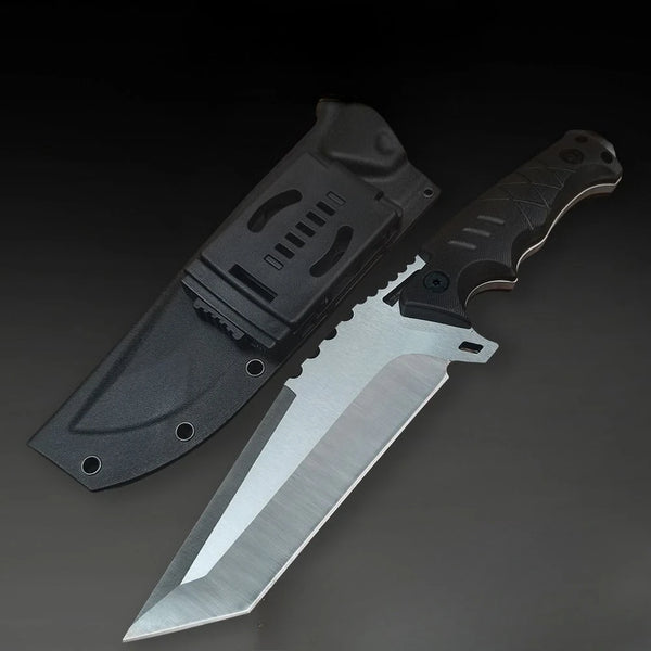 Festes Campingmesser mit schwarzem Griff und silberner Klinge, oben gezeigt.