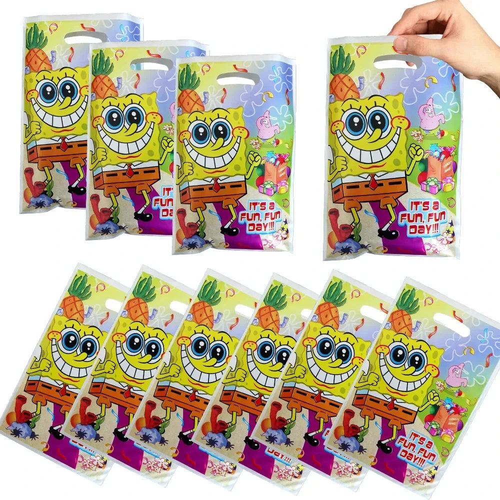A set of disposable party favors featuring SpongeBob characters in various colors and designs.