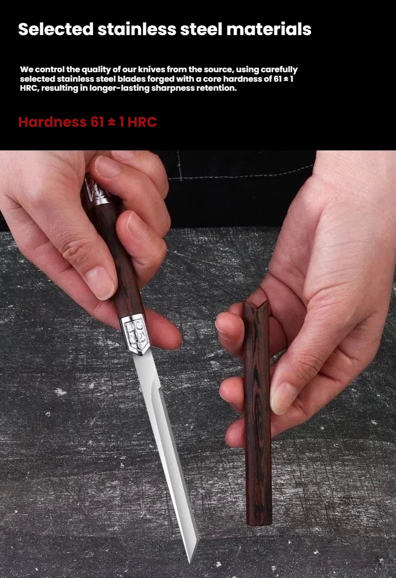 A hand holds a stainless steel knife with a wooden handle and a blade, next to a piece of dark wood.