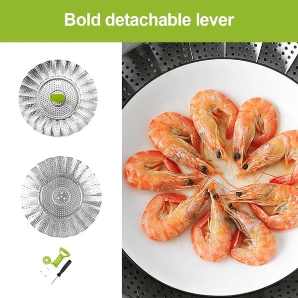 A bold detachable lever for a stainless steel steamer basket with an expandable lotus design.