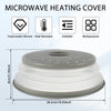 A round, gray silicone microwave heating cover with multiple holes and a collapsible design.