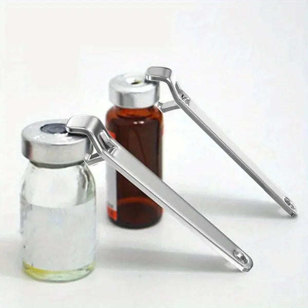 Set aus Edelstahl zur Öffnung von Flüssigglasfläschchen mit Glasfläschchen und Metallwerkzeug