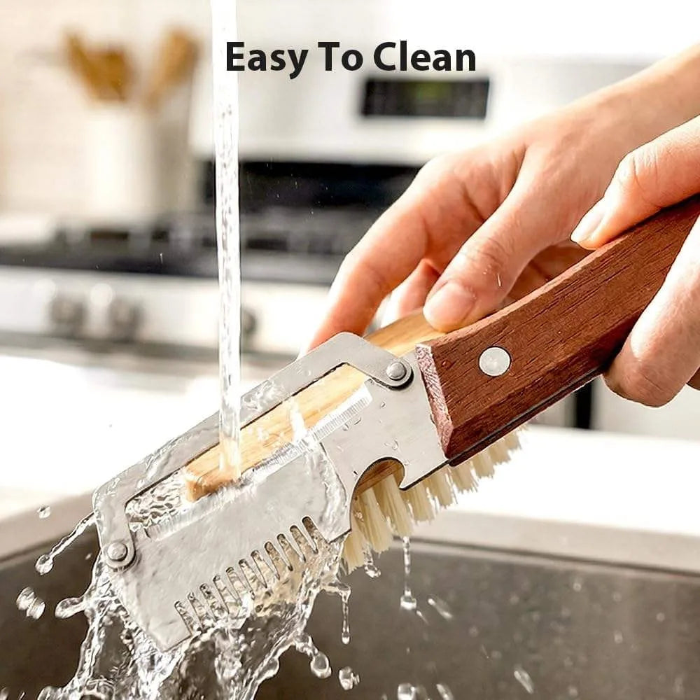 A hand is using a stainless steel vegetable peeler and bottle opener set to peel vegetables in a sink.