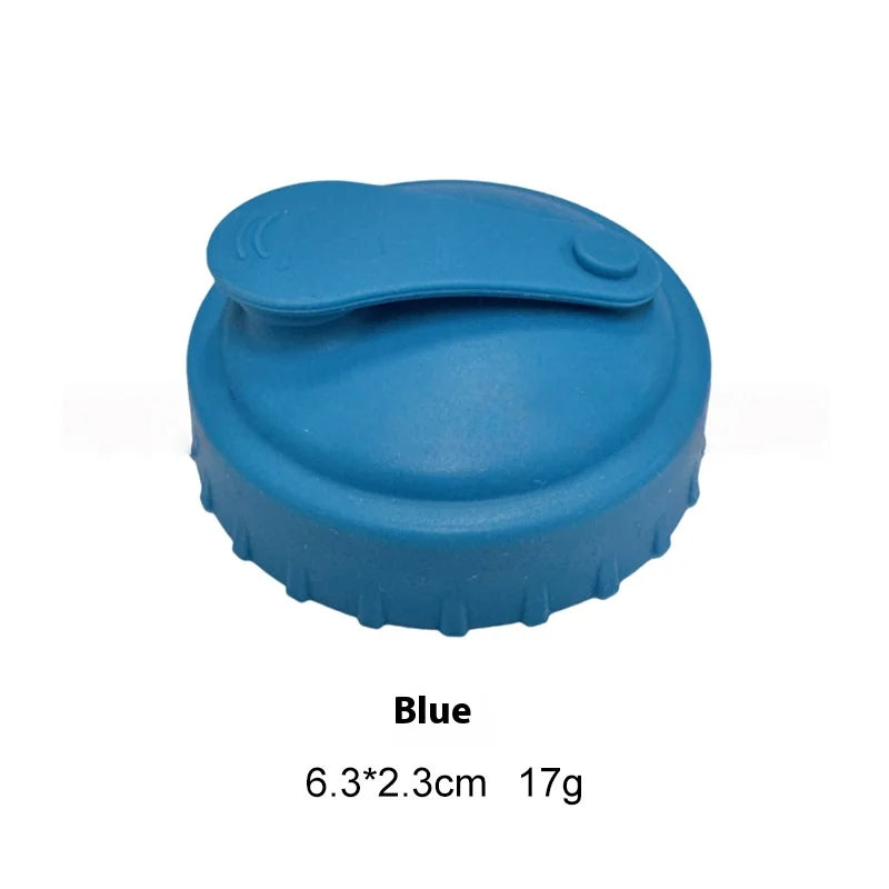 Tapa reutilizable de silicona azul para latas y botellas, mide 6.3x2.3 cm y pesa 17g.