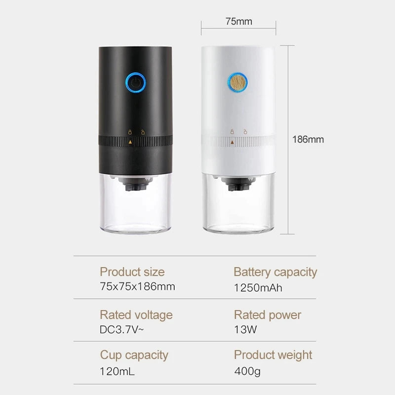 A black and white portable USB-C burr coffee grinder with a glass cup, showing its dimensions and specifications.